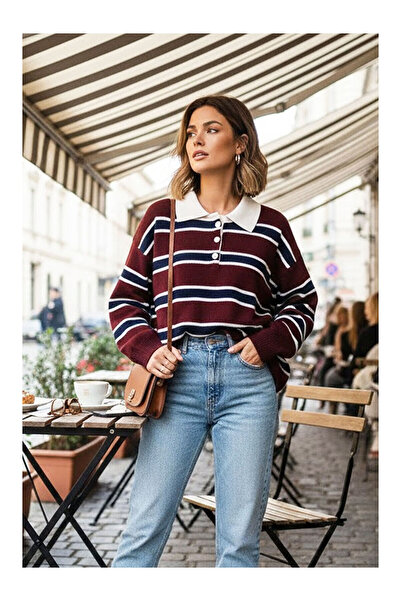 LC Waikiki Nevavm Burgundy Premium/Special Yarn Polo Collar Knitwear Sweater ...