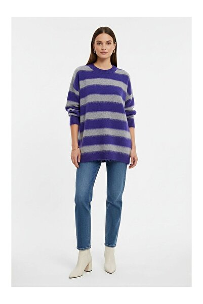 LC Waikiki Nevavm Extra Oversize Low-Sleeve Gray-Purple Fuzzy Knitwear Kaz wi...