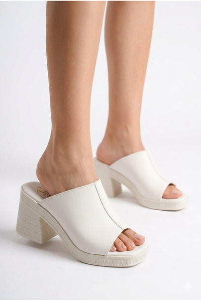 Lidora Women's White Thick High Heeled Slippers Ayk1076