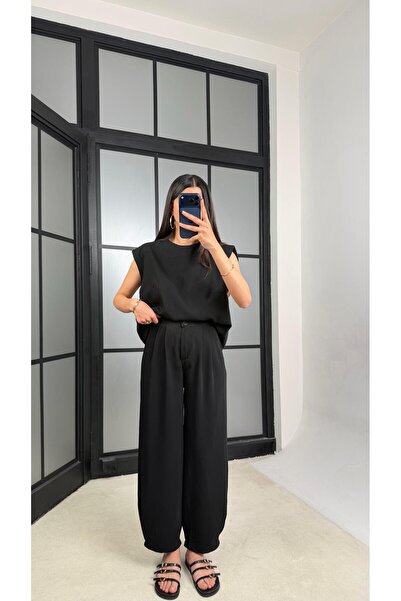 GAUS CO Siyah Vatkalı Bluz Pantolon Krep Kumaş Takım GAUS-01485