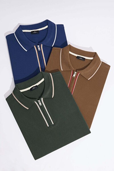 Tudors Erkek 3'lü Paket Kahverengi-Lacivert-Yeşil Slim Fit %100 Pamuk Yarım F...
