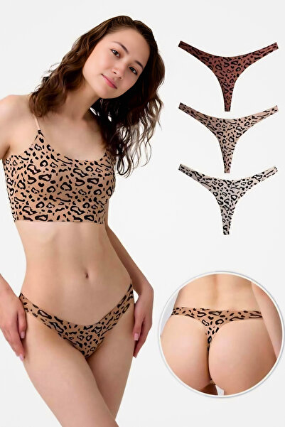 Homay 3'lü Leopar Desenli Lazer Kesim Tanga Külot