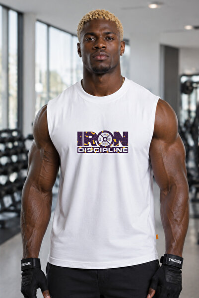 BESSA قميص رياضي أبيض مطبوع برقبة دائرية من القطن بدون أكمام للرجال من Iron D...