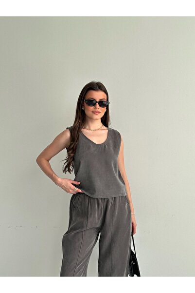 mylunessa Anthracite Tensel Crop V-Neck Vest and Trousers Two-Piece Set