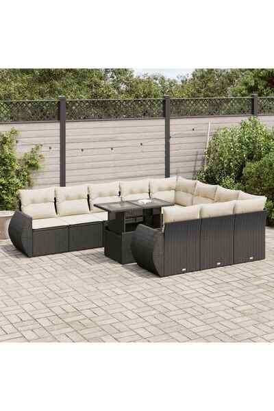 vidaxl Set canapele de gradina cu perne, 11 piese, negru, poliratan