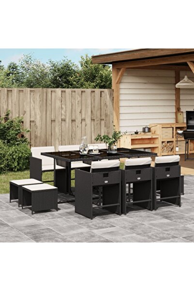 vidaxl Set mobilier de exterior cu perne, 11 piese, negru, poliratan