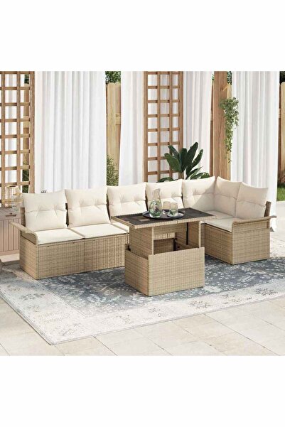 vidaxl Set de canapele pentru gradina cu perna 7 pcs Bej Rattan poli