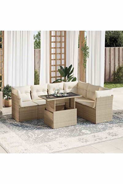 vidaxl Set canapele de gradina, 7 piese, cu perne, bej, poliratan