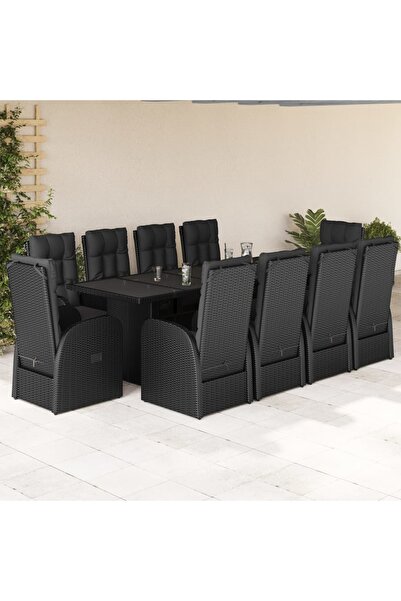 vidaxl Set mobilier de exterior cu perne, 11 piese, negru, poliratan