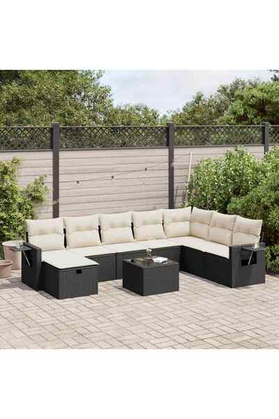 vidaxl Set mobilier de gradina cu perne, 9 piese, negru, poliratan
