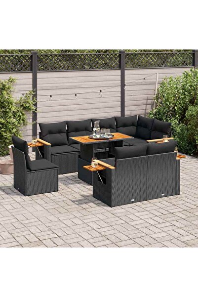 vidaxl Set mobilier gradina perne 9 piese negru poliratan/lemn acacia