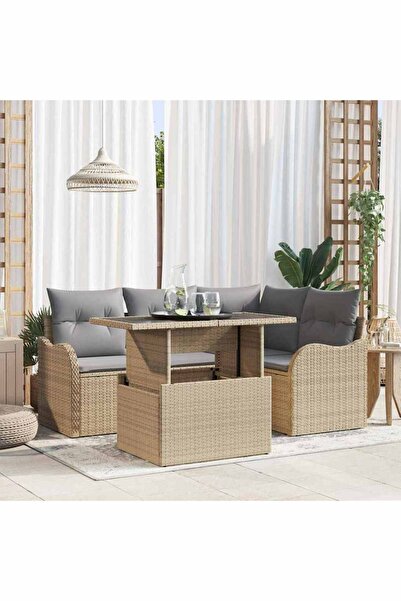 vidaxl Set dining pentru exterior cu perna 5 pcs Bej Rattan poli