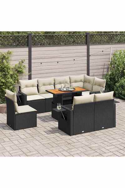 vidaxl Set mobilier de gradina cu perne, 9 piese, negru, poliratan