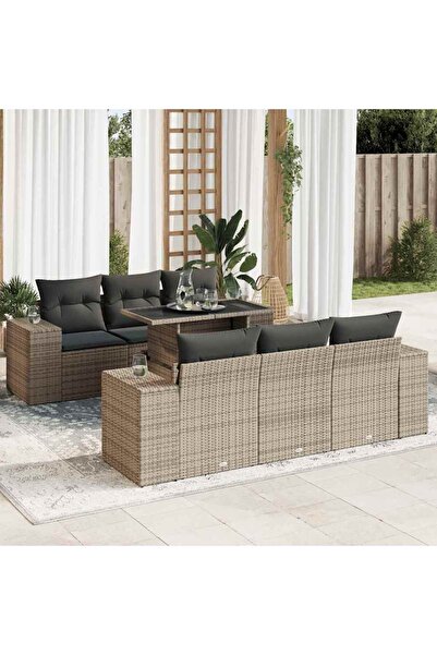 vidaxl Set canapele de gradina, 7 piese, cu perne, gri, poliratan