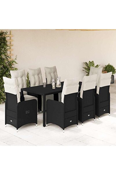vidaxl Set bistro de gradina, 9 piese, cu perne, negru, poliratan