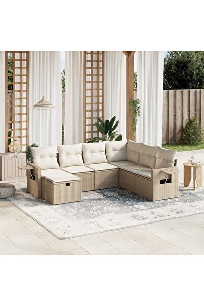 vidaxl Set canapele de gradina, 7 piese, cu perne, bej, poliratan