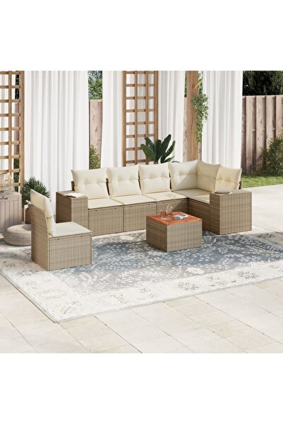 vidaxl Set canapele de gradina, 7 piese, cu perne, bej, poliratan