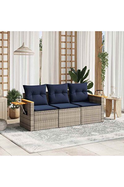 vidaxl Set canapea de gradina cu perne, 3 piese, gri, poliratan