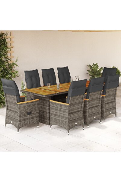 vidaxl Set bistro de gradina cu perne, 9 piese, gri, poliratan