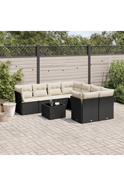 vidaxl Set mobilier de gradina cu perne, 9 piese, negru, poliratan