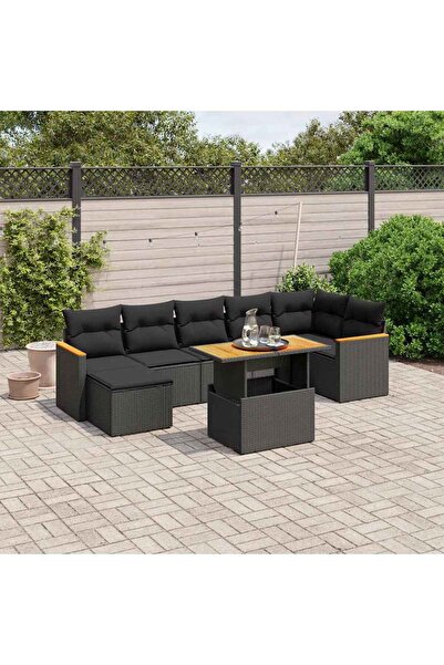 vidaxl Set mobilier de gradina cu perne, 8 piese, negru, poliratan