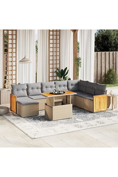 vidaxl Set canapele de gradina, 9 piese, cu perne, bej, poliratan