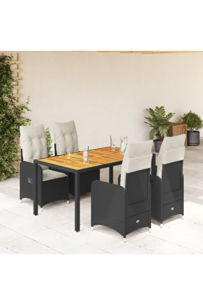 vidaxl Set bistro de gradina cu perne, 5 piese, negru, poliratan