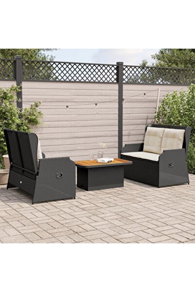 vidaxl Set mobilier de gradina cu perne, 3 piese, negru, poliratan