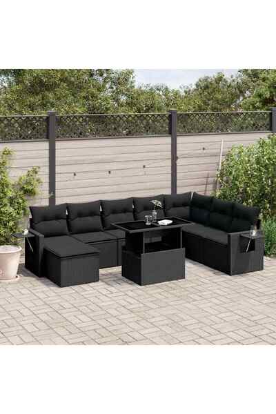 vidaxl Set mobilier de gradina cu perne, 8 piese, negru, poliratan