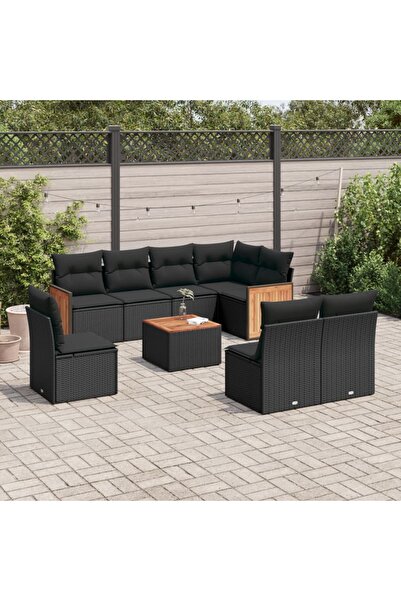 vidaxl Set mobilier de gradina cu perne, 9 piese, negru, poliratan