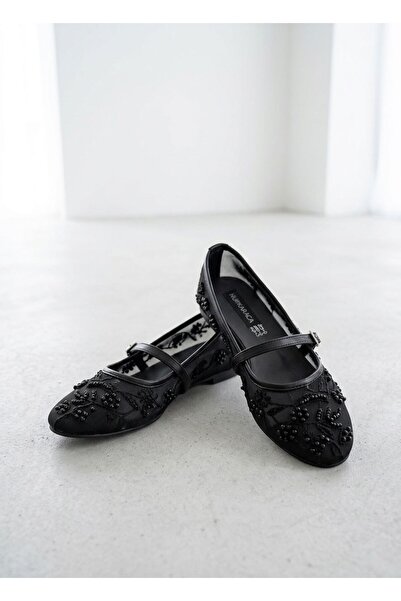 NUR KARACA 115 Y-058 Beaded Beaded Embroidered Tape Detail Tulle Ballet Flats...