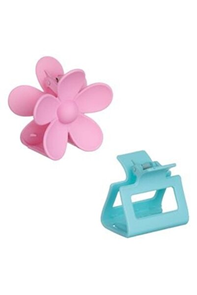SHOPIENS Turquoise Matte Hair Clips & Pink Flower for Women 6 cm - 2 pcs