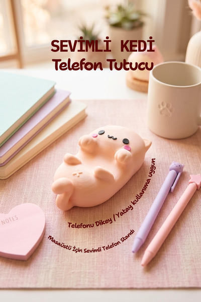 lusidadesign Sevimli Kedi Figürlü Telefon Tutucu Masa Üstü Dekoratif Telefon ...
