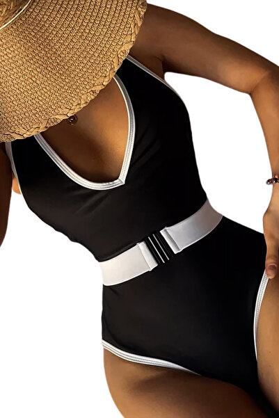 VeeShop Costum de baie intreg, decolteu adanc, contur contrastant si curea