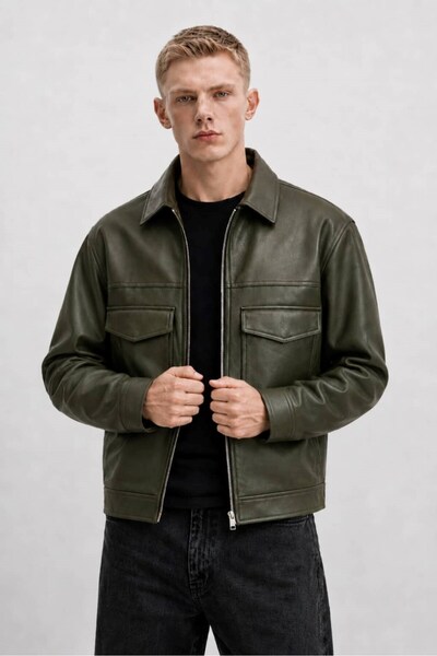 OHM OHEPMODA Oversize Comfortable Fit Men's Leather Jacket with Pocket Detail