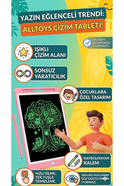 allwear 8,5 İnç LCD Çizim Tableti - Dijital Yazı Tahtası - Neon Yeşil Çizim E...