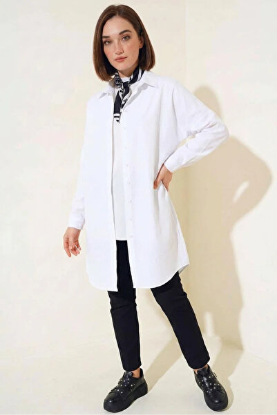 buğrahayalin Women's Shirt Collar Long Sleeve Basic Cotton White Hijab Tunic