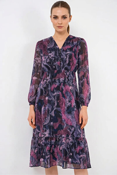 buğrahayalin Women's V-Neck Gathered Waist Patterned Chiffon Dark Lilac Dress