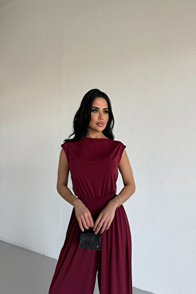 LİLA İSTANBUL Women's Burgundy Sleeveless Elastic Leg Shalwar Jumpsuit