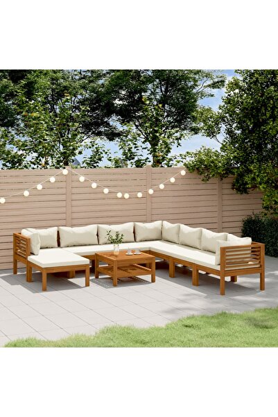 vidaxl Set mobilier gradina cu perne crem, 9 piese, lemn masiv acacia