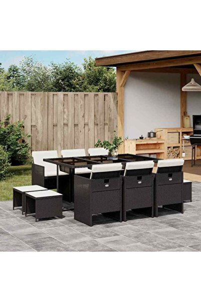 vidaxl Outdoor furniture set with cushions, 11 pieces, black, polyrattan