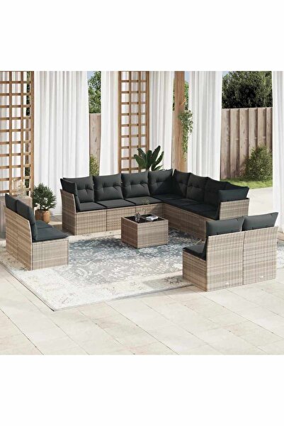 vidaxl Garden sofa set with cushions, 12 pieces, light grey polyrattan