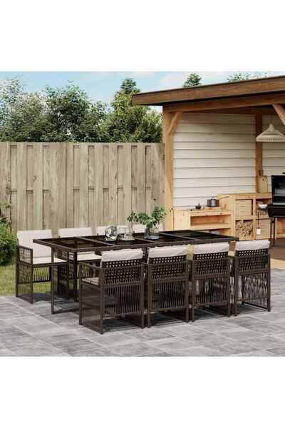 vidaxl Garden furniture set with cushions, 9 pieces, brown, polyrattan