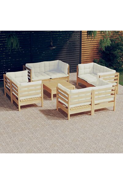 vidaxl Set mobilier gradina cu perne, 9 piese, crem, lemn de pin