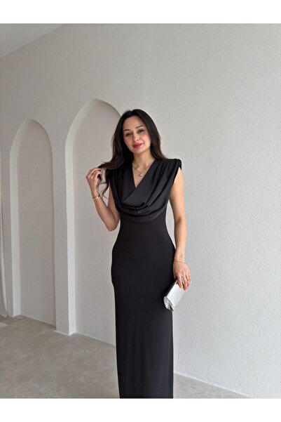 Mooi Butik ROCKY Degaje Yaka Maxi Elbise 5520 - Siyah