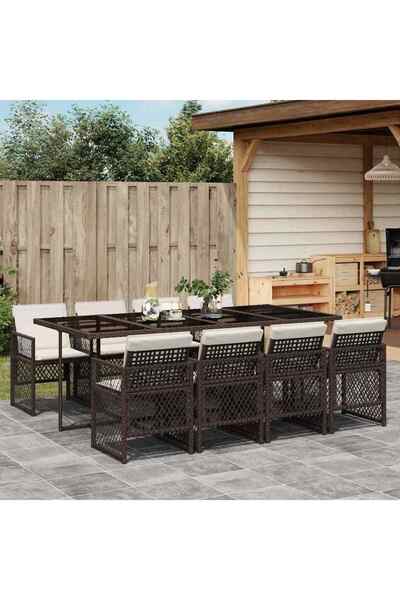 vidaxl Garden furniture set with cushions, 9 pieces, brown, polyrattan