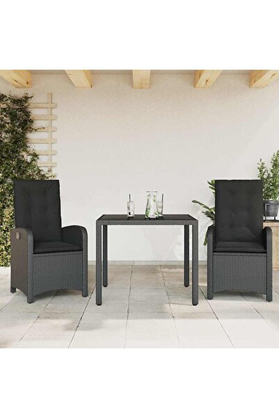 vidaxl Garden furniture set with cushions, 3 pieces, black, polyrattan