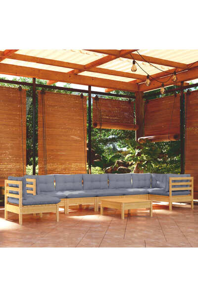 vidaxl Set mobilier de gradina cu perne gri, 9 piese, lemn masiv pin
