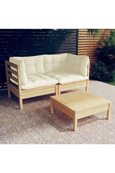 vidaxl Set mobilier gradina cu perne crem, 3 piese, lemn de pin