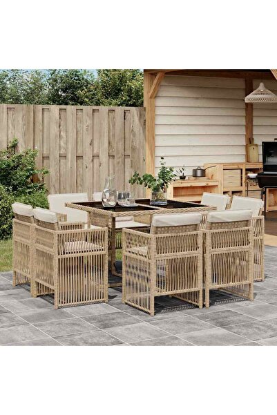 vidaxl 9-piece garden table set with cushions, beige, polyrattan